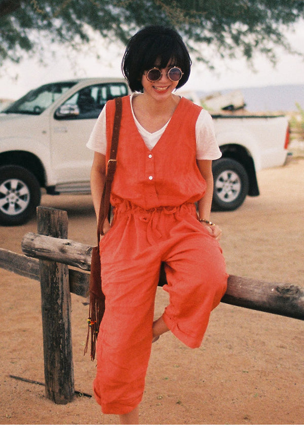 Orange Womens Sleeveless Linen Jumpsuit
