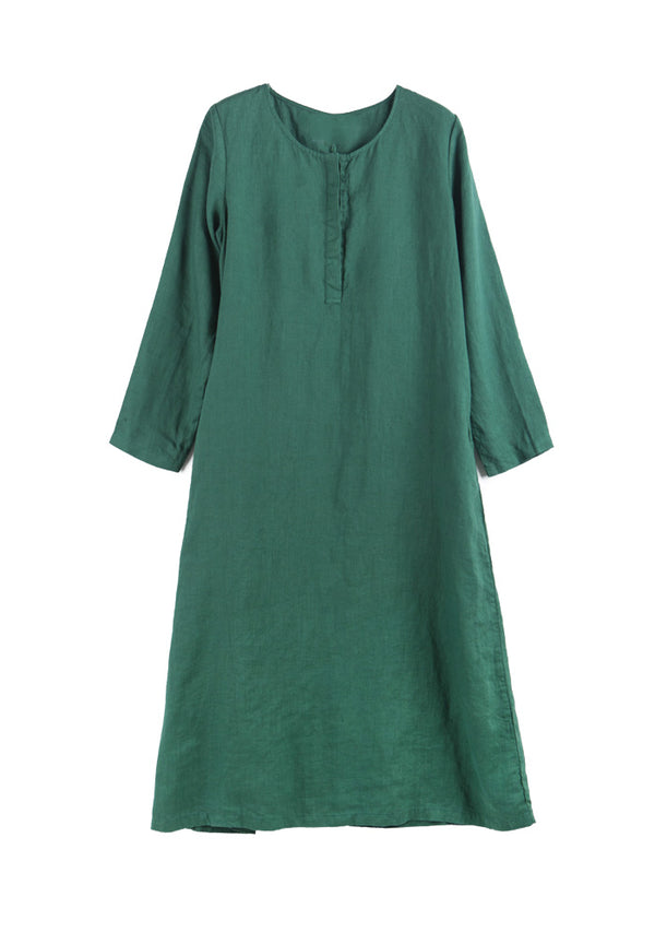 Green Button Placket Linen Dress