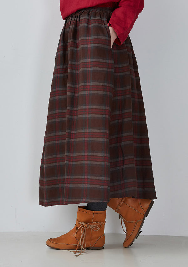 Brown Plaid Womens Linen Skirt
