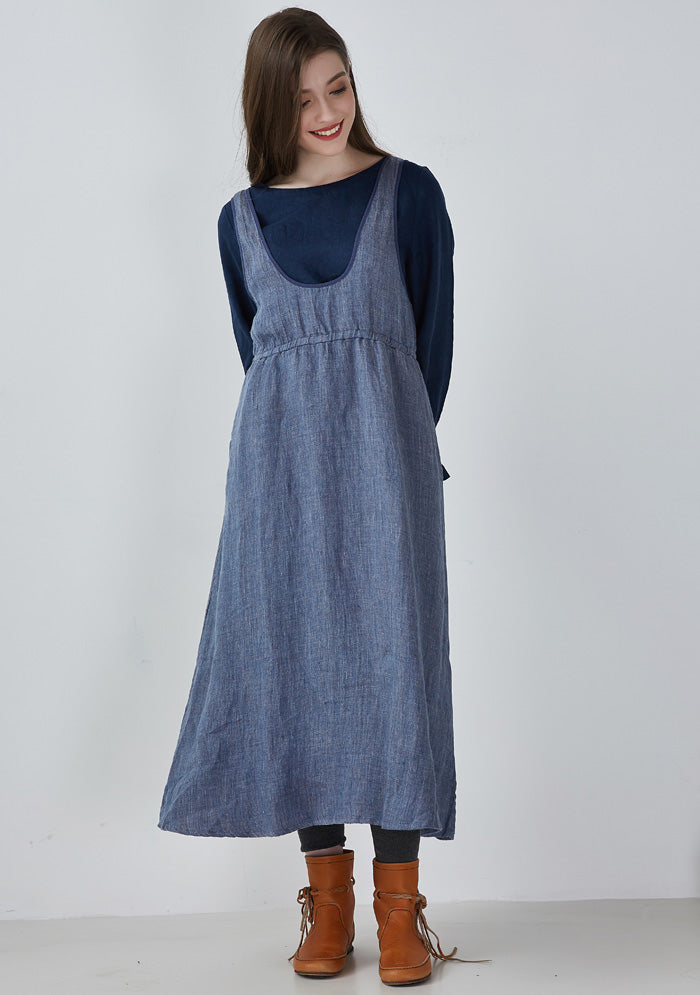 Blue Elastic Waist Sleeveless Linen Dress