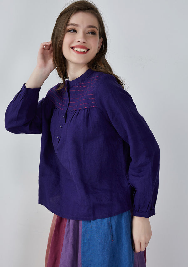 Purple Embroidery Women’s Linen Blouse