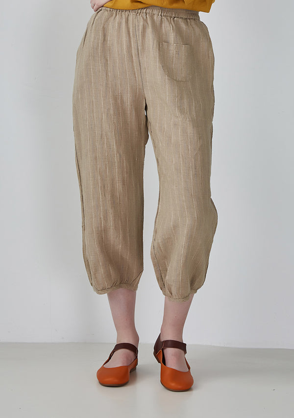 Khaki Striped Linen Cropped Pants