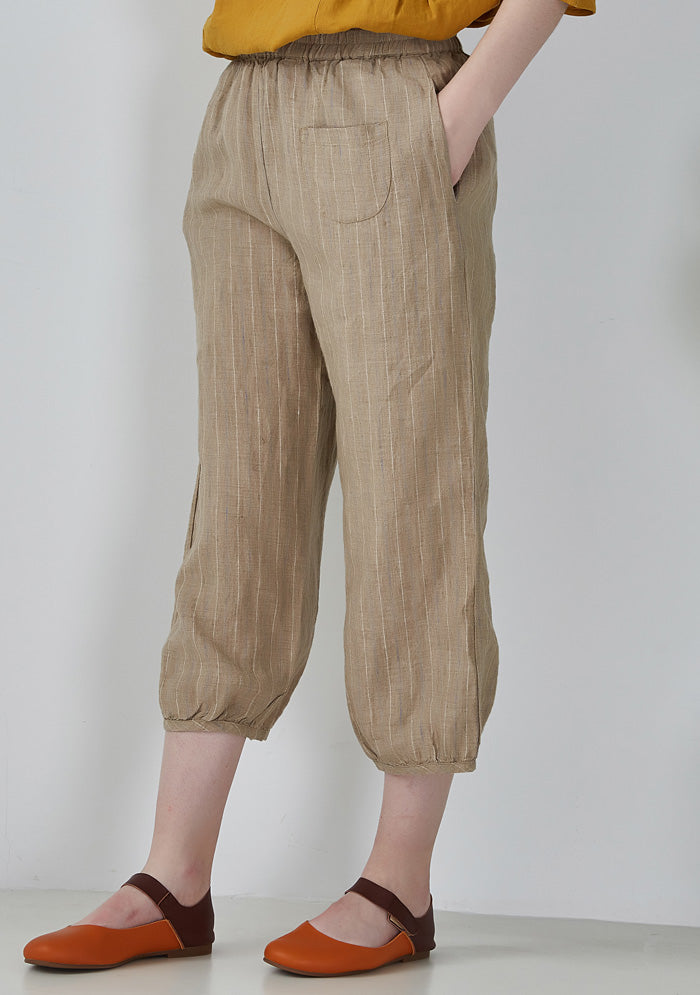 Khaki Striped Linen Cropped Pants
