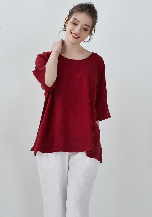 Dark Red Side Slits Linen T-Shirt