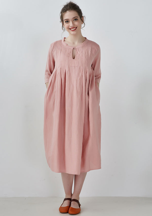 Pink Keyhole Neck Linen Dress