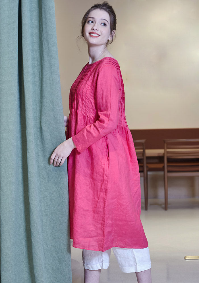 Rosy Pleated Linen Midi Dress