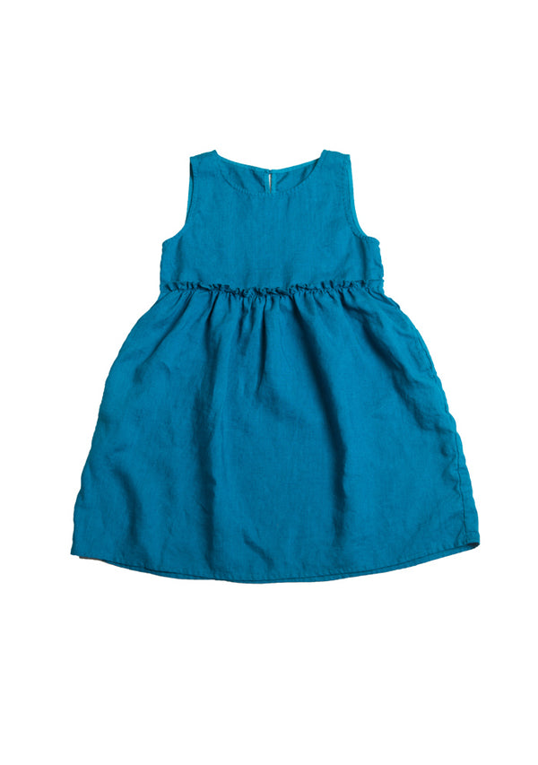 Blue Sleeveless Girls Linen Dress