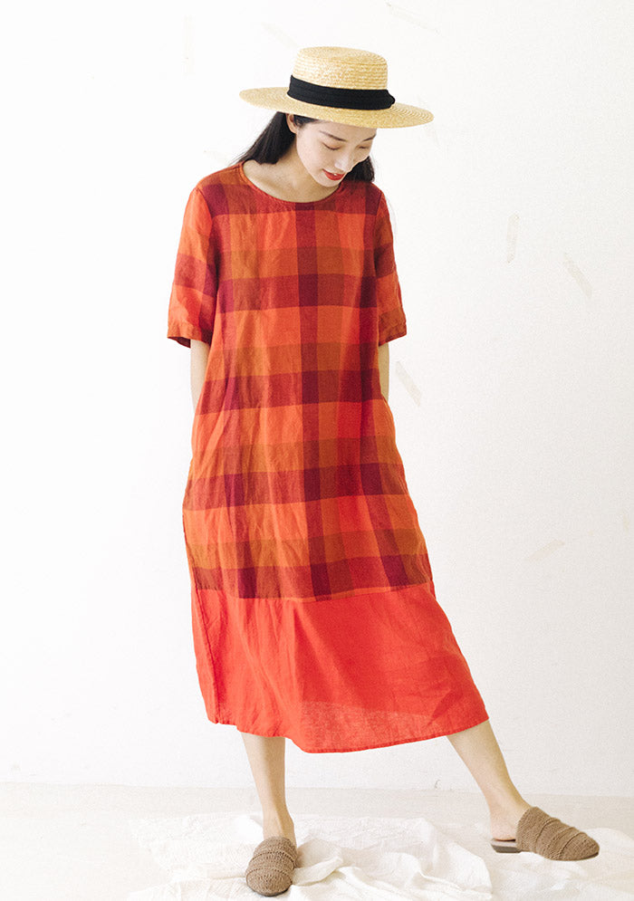 Red Plaid Womens Linen Dress