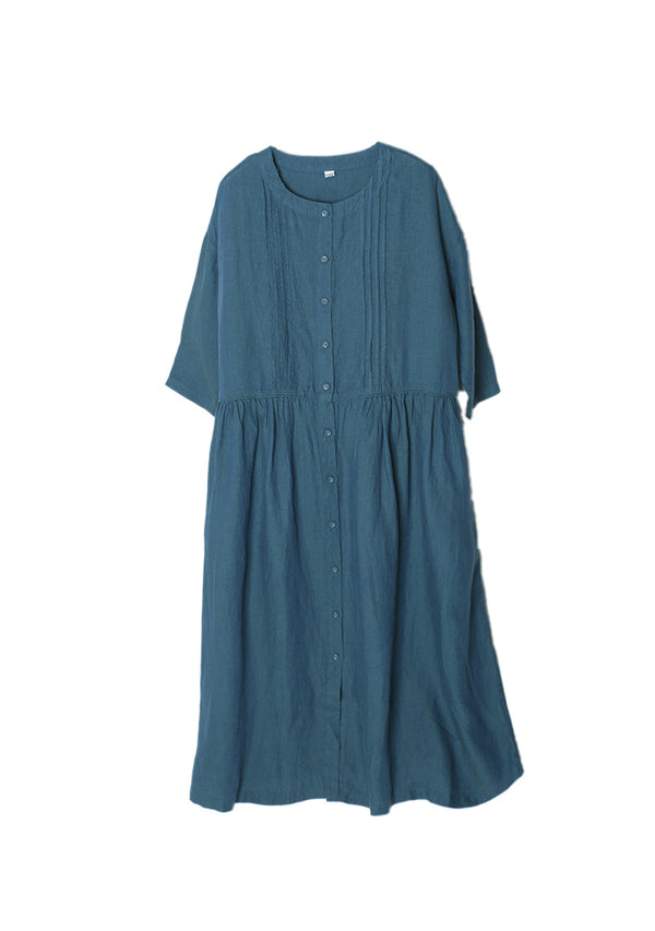Blue Drop Shoulder Linen Dress
