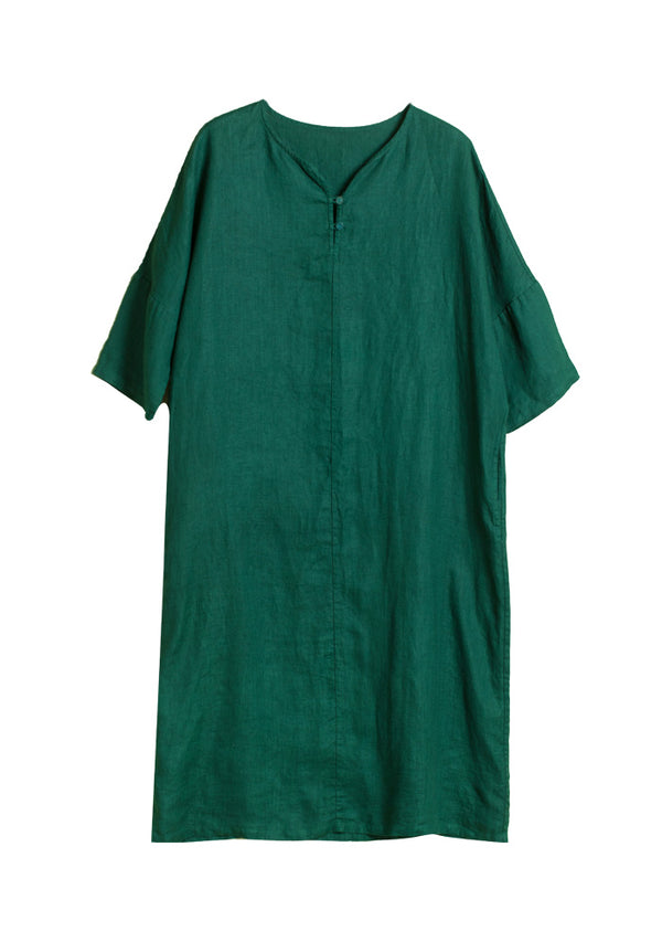 Dark Green V Neck Linen Dress