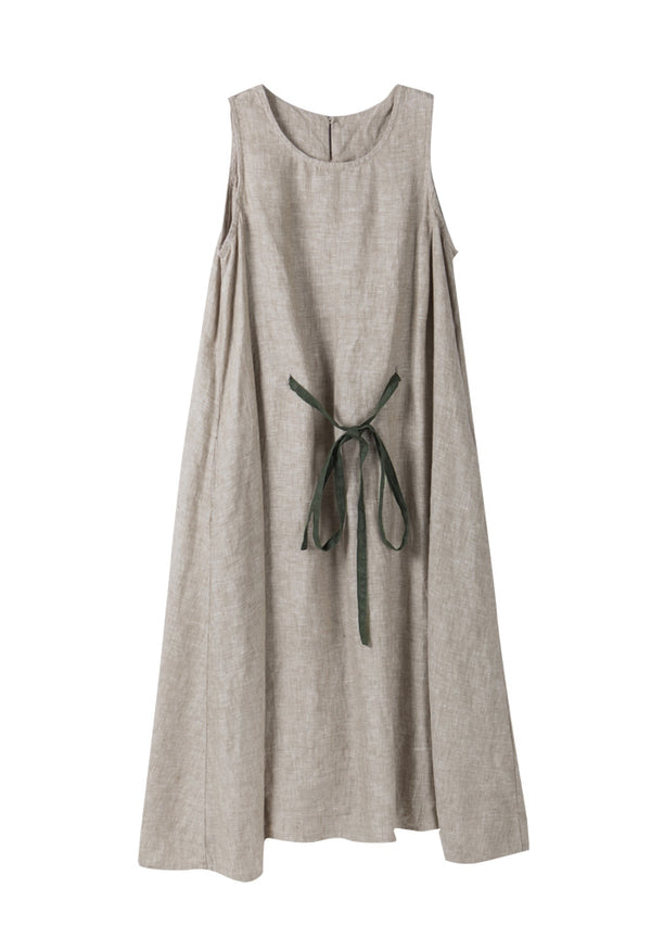 Grey Sleeveless Waist-Tie Linen Dress