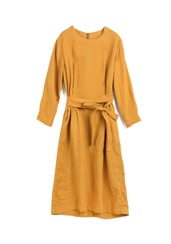 Yellow Back Zipper Linen Dress