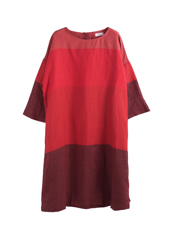 Red Linen Stripe Patchwork Dress