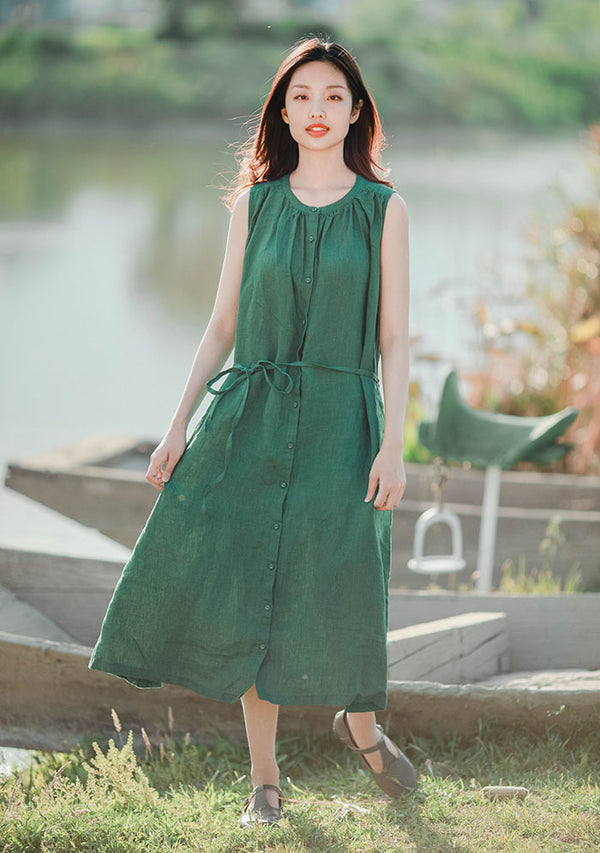 Green Sleeveless Womens Linen Dress