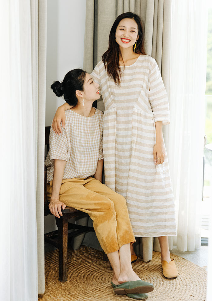 Khaki Stripe Women Linen Dress