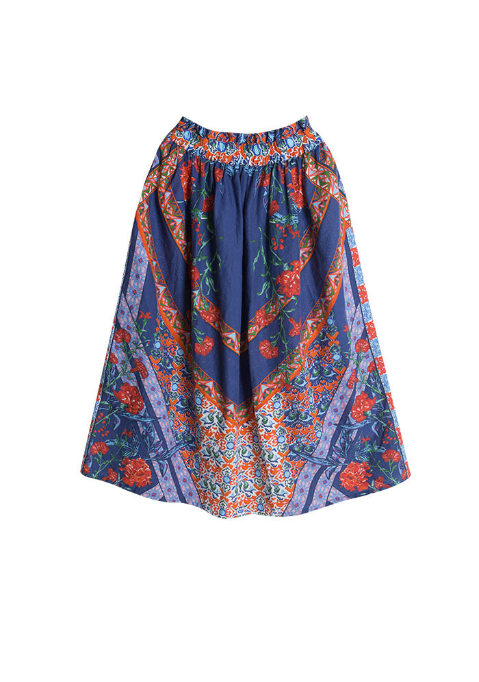 Elastic Waist Print Linen Skirt