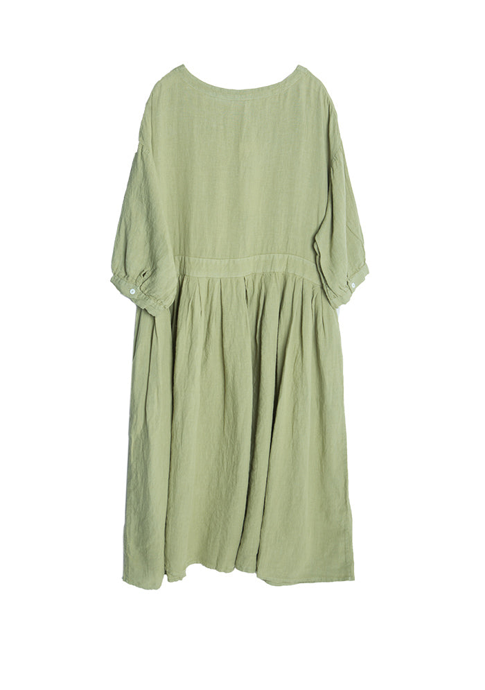 Green Pleated Waist Linen Dress