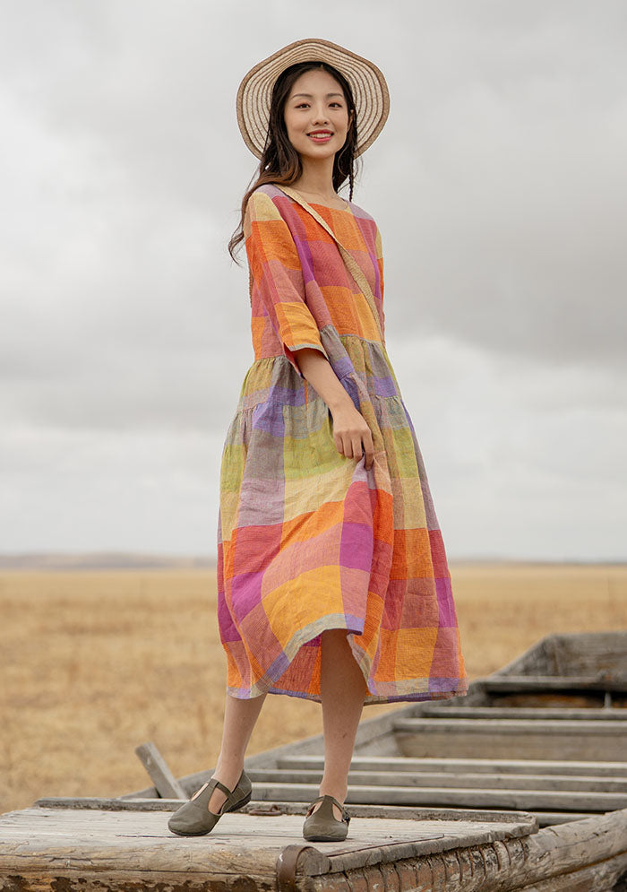 Colored Womens Plaid Linen Dress