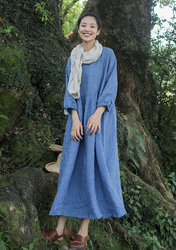 Blue Plaid Womens Linen Dress
