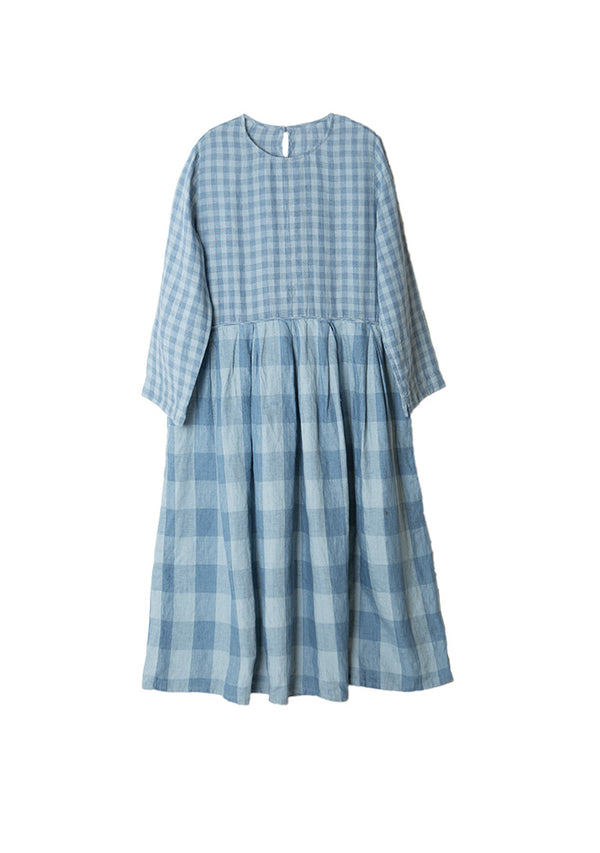 Blue Round Neck Linen Dress