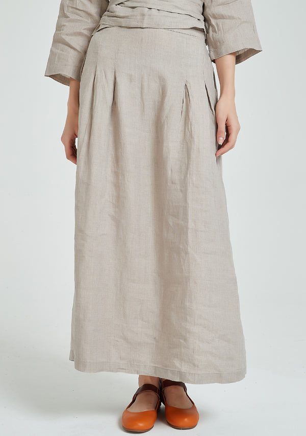 Grey Half Elastic Waist Linen Skirt