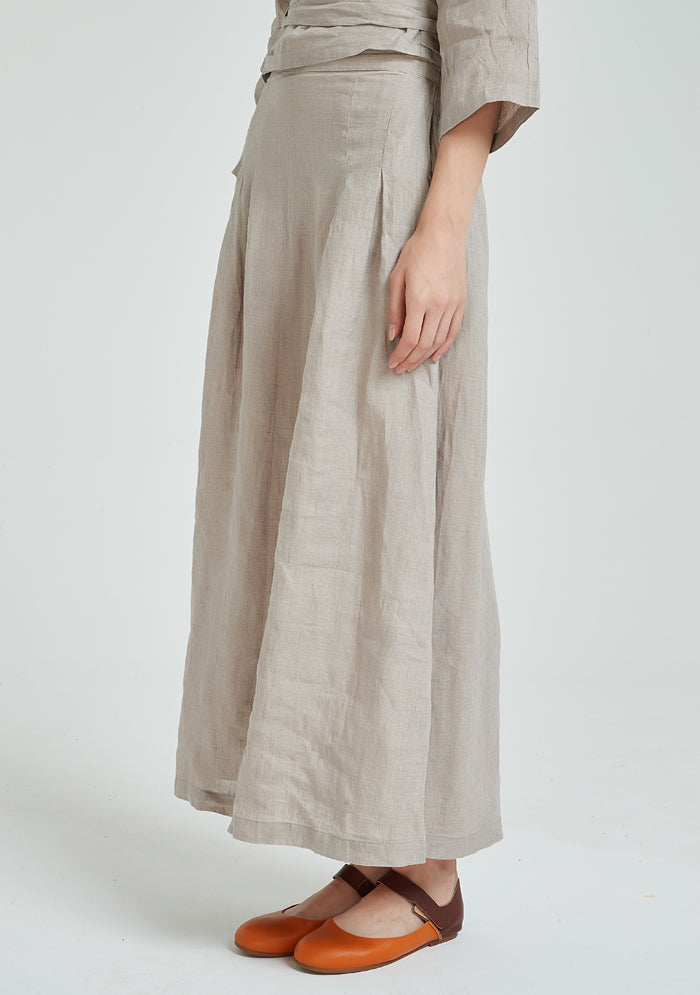 Grey Half Elastic Waist Linen Skirt