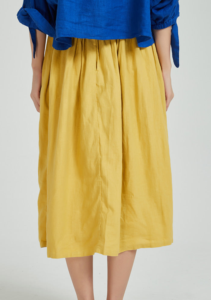 Yellow Half Elastic Waist Linen Skirt