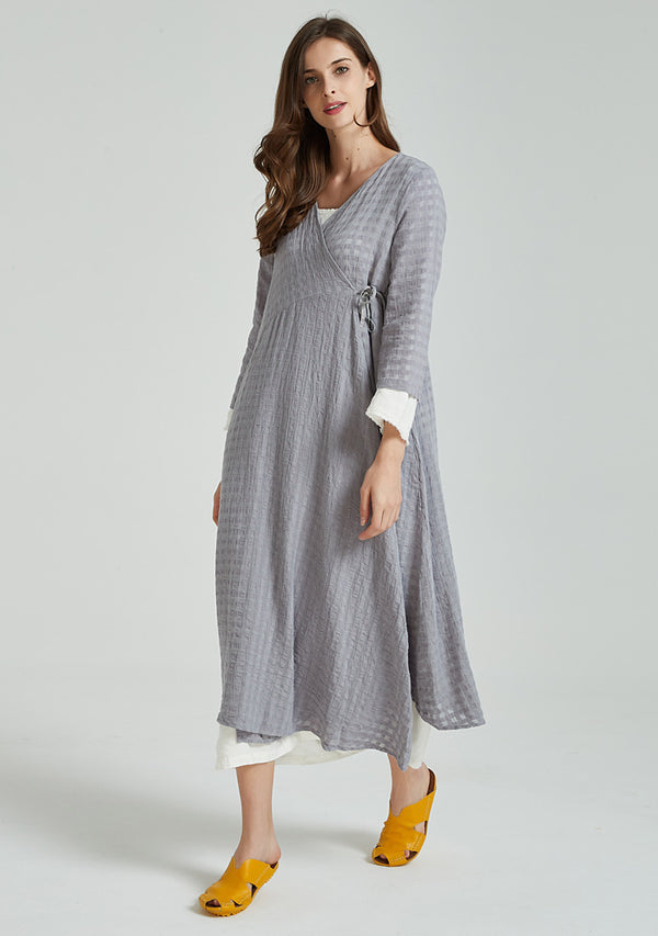 Grey Plaid Patterned Linen Cardigan Dress