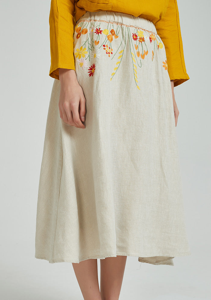 Beige Embroidered Linen Skirt