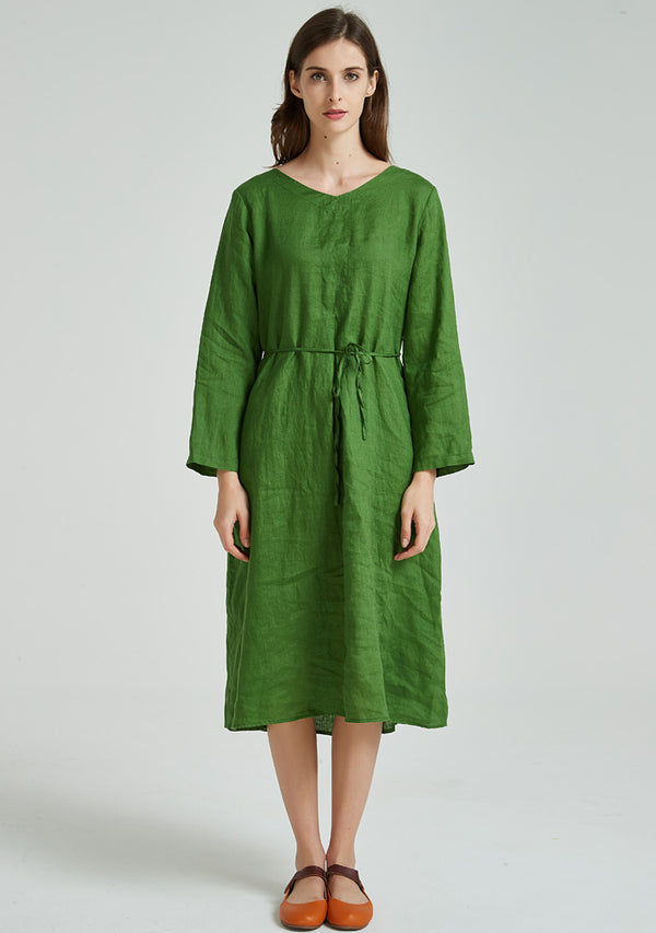 Green Long Sleeve Linen Dress