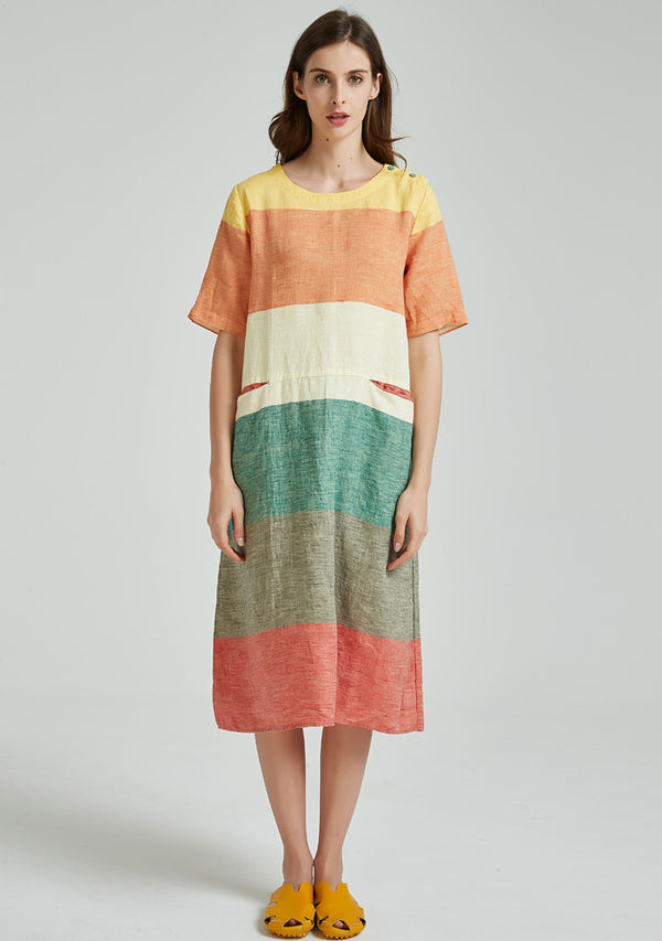 Contrast Color Stripe Linen Dress