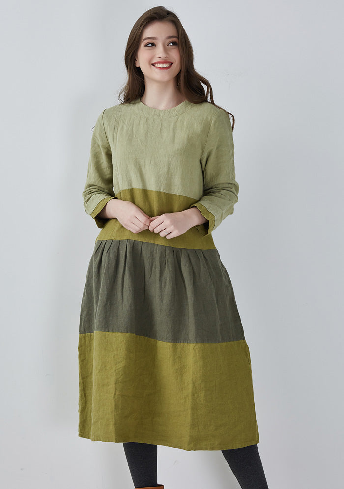 Green Color Contrast Linen Dress
