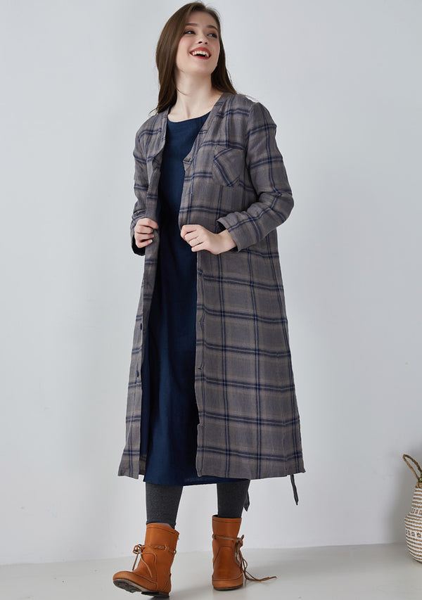 Blue Plaid Womens Linen Overcoat