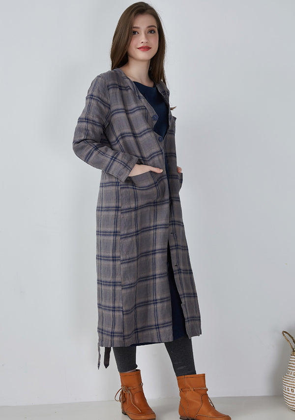 Blue Plaid Womens Linen Overcoat