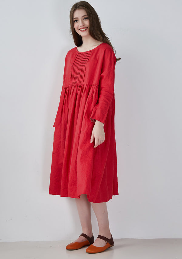 Red Pin Tucks Linen Dress