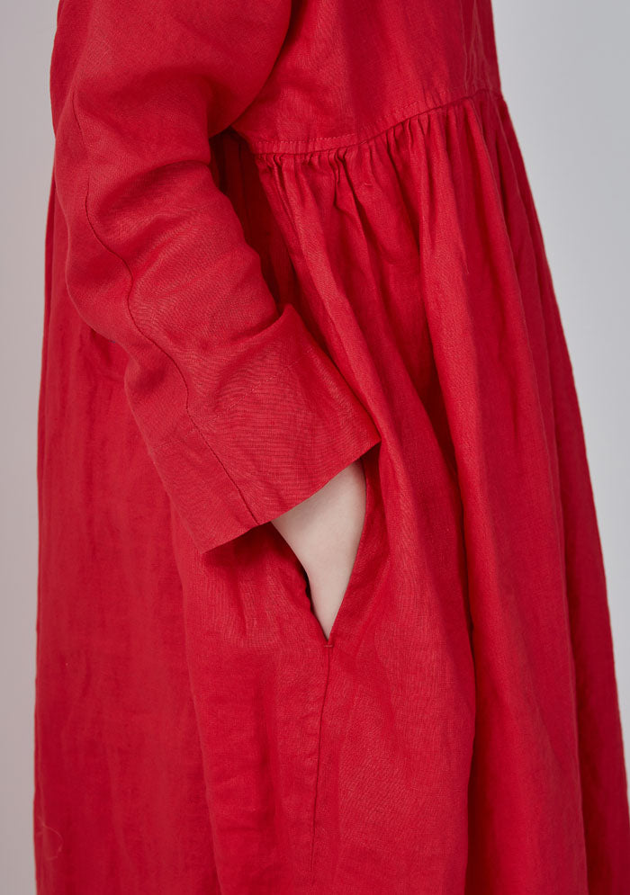 Red Pin Tucks Linen Dress