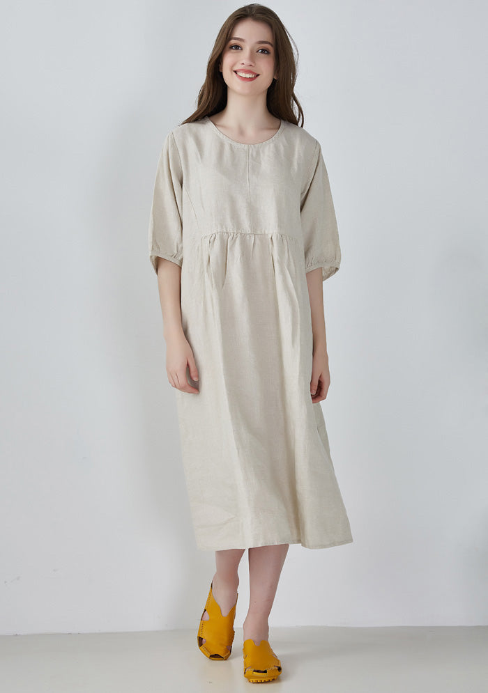 Beige Puff Sleeves Linen Dress