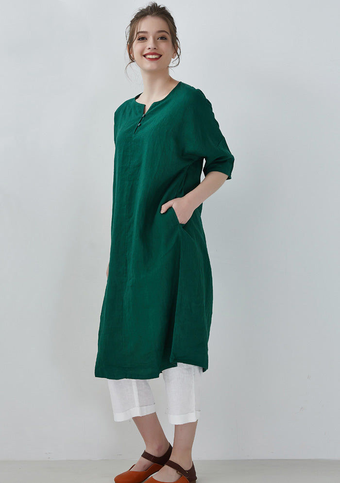 Dark Green V Neck Linen Dress – Colorlinen