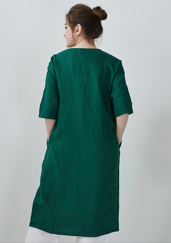 Dark Green V Neck Linen Dress – Colorlinen