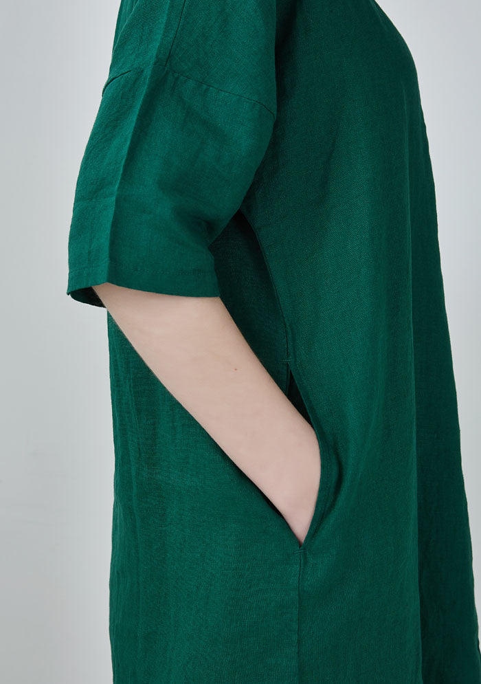 Dark Green V Neck Linen Dress