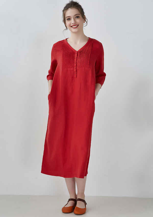 Red Half Placket Pintucks Linen Dress