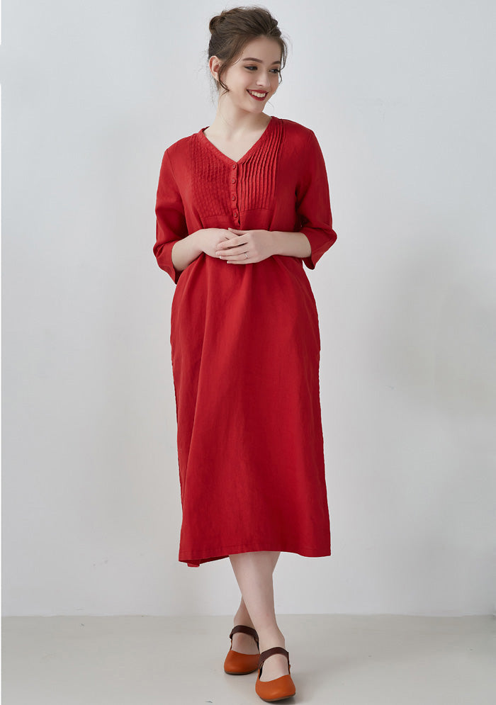 Red Half Placket Pintucks Linen Dress