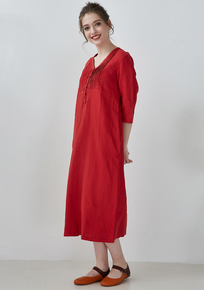 Red Half Placket Pintucks Linen Dress