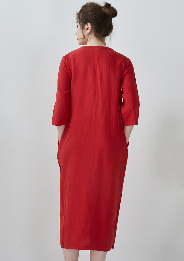 Red Half Placket Pintucks Linen Dress