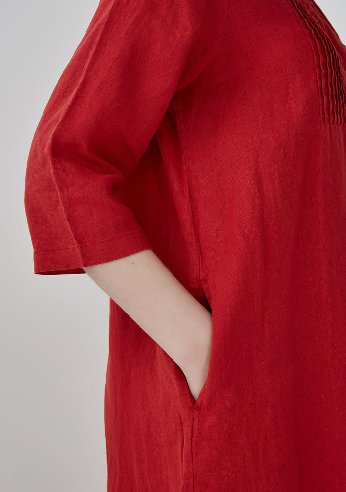 Red Half Placket Pintucks Linen Dress