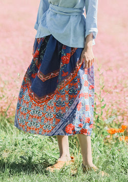 Elastic Waist Print Linen Skirt