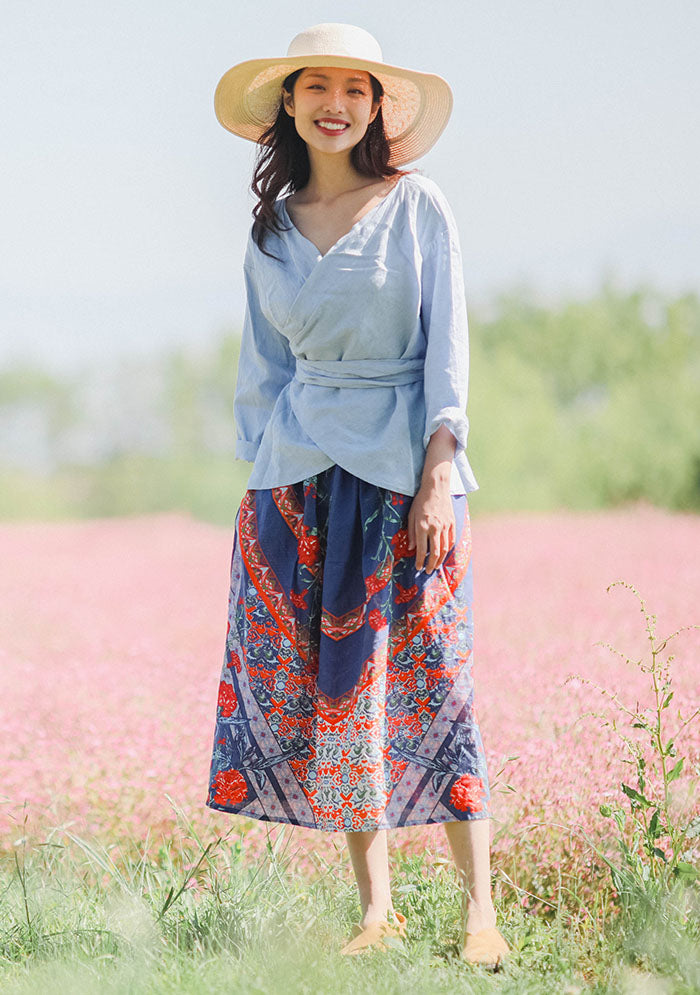 Elastic Waist Print Linen Skirt