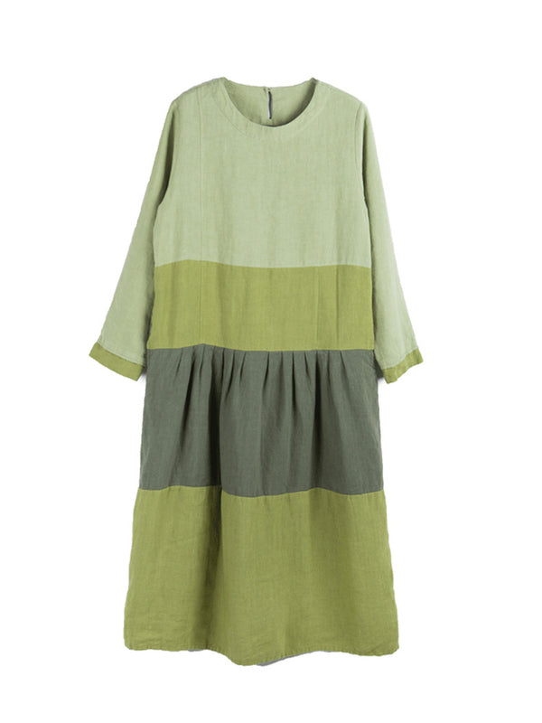 Green Color Contrast Linen Dress