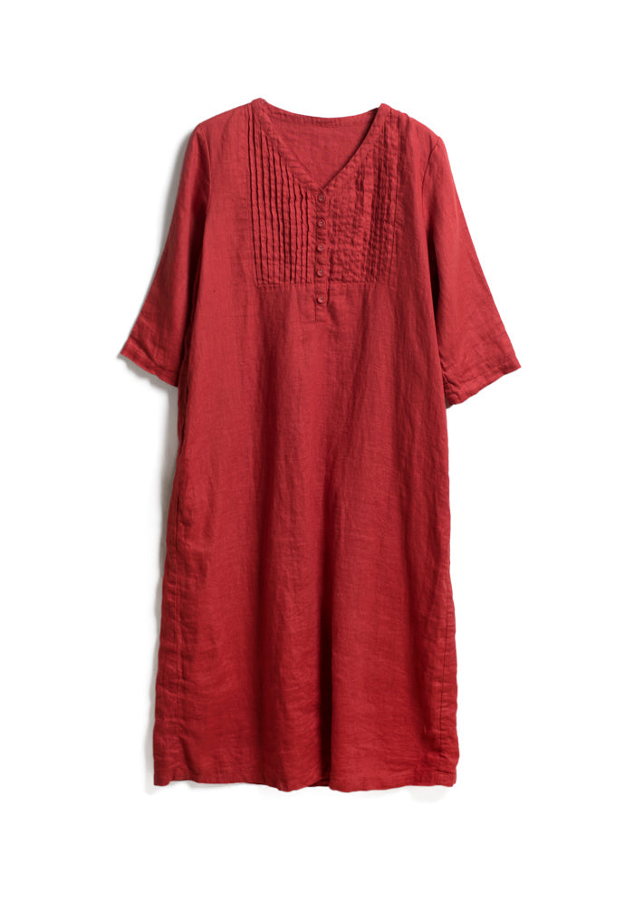 Red Half Placket Pintucks Linen Dress