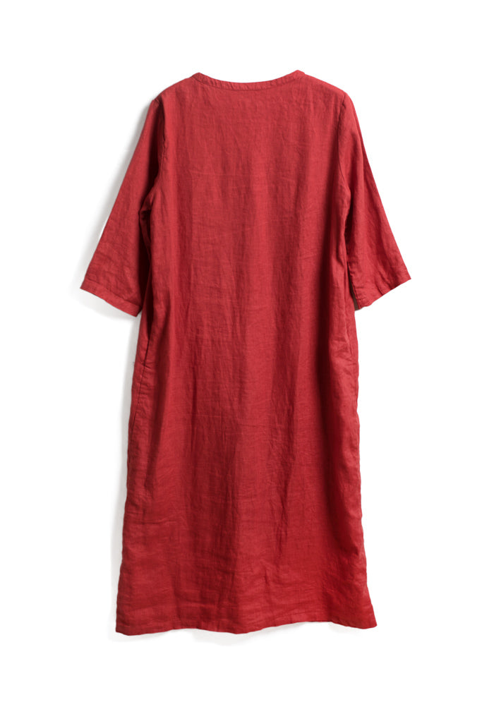 Red Half Placket Pintucks Linen Dress